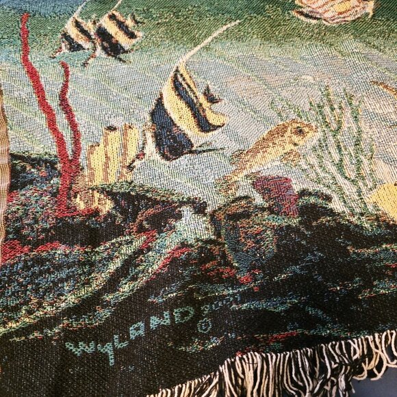 Vtg Wyland Studios Tapestry Throw Blanket Underwater Dolphins Tropical Fish USA - Picture 2 of 6